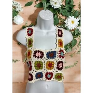 Granny Square Crochet Crop Top Sz Small Grannycore Open Knit Forever 21 Blouse